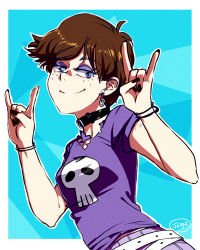 Rule 34 | \m/, \n/, artist name, belt, black nails, blue eyes, body freckles, border, bracelet, breasts, brown hair, collar, double \m/, earrings, freckles, highres, jcm2, jewelry, luna loud, makeup, nail polish, outside border, paperclip earrings, shirt, short hair, signature, skull, small breasts, smile, solo, t-shirt, the loud house, torn clothes, torn shirt, upper body, white border