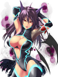 Rule 34 | 1girl, abstract background, animal ears, arms behind head, arms up, bat wings, breasts, center opening, cleavage, cleavage cutout, clothing cutout, coattails, creatures (company), crobat, detached wings, elbow gloves, female focus, game freak, gen 2 pokemon, gloves, glowing, hair ornament, high collar, highres, hip focus, large breasts, leotard, long hair, mini wings, navel, nintendo, personification, pokemon, purple hair, red eyes, saty-rokuji, smile, solo, thighhighs, tongue, tongue out, torn clothes, wings, zipper
