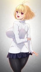 Rule 34 | 1girl, :d, antenna hair, arcueid brunestud, arm behind back, ass, back, black pantyhose, blonde hair, blue skirt, blush, breasts, cowboy shot, crossed legs, from behind, gradient background, highres, holding own arm, impossible clothes, impossible sweater, kemurin, large breasts, looking at viewer, looking back, miniskirt, open mouth, pantyhose, red eyes, shiny clothes, shiny legwear, short hair, skirt, slit pupils, smile, solo, standing, sweater, tsukihime, tsukihime (remake), turtleneck, turtleneck sweater, white sweater