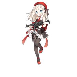Rule 34 | 1girl, :d, ammunition pouch, beret, blue eyes, full body, girls&#039; frontline, gun, h&amp;k mp5, hat, heckler &amp; koch, holding, holding weapon, long hair, looking at viewer, mp5 (girls&#039; frontline), necktie, official art, open mouth, pantyhose, pouch, red hat, saru, smile, solo, submachine gun, transparent background, trigger discipline, weapon, white hair
