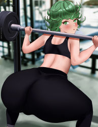 Rule 34 | 1girl, anm20, artist name, ass, ass focus, back, blush, cameltoe, curly hair, exercising, green eyes, green hair, highres, huge ass, looking at viewer, looking back, one-punch man, pants, short hair, solo, sports bra, squatting, tatsumaki, thick thighs, thighs, weightlifting, weights, yoga pants