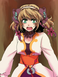 Rule 34 | 1girl, aqua eyes, bodysuit, braid, breasts, brown background, brown hair, choker, flower, gradient background, hair ornament, hairband, jacket, leia rolando, open mouth, short hair, solo, tales of (series), tales of xillia