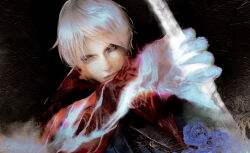 Rule 34 | 1boy, blue coat, blue flower, blue rose, closed mouth, coat, demon boy, devil bringer, devil may cry, devil may cry (series), devil may cry 4, flower, glowing, glowing arm, glowing eyes, glowing sword, glowing weapon, holding, hood, jacket, lips, looking at viewer, male focus, mechanical arms, momokulala, nero (devil may cry), nose, realistic, red eyes, rose, shining, single mechanical arm, solo, sword, weapon, white hair