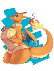 Rule 34 | 1girl, animal hands, artist name, bare shoulders, blue background, blue wings, bottomless, breasts, charizard, claws, closed mouth, colored skin, cowboy shot, creatures (company), cropped legs, dated, dragon girl, dragon wings, female focus, fire, flame-tipped tail, from side, furry, furry female, game freak, gen 1 pokemon, green eyes, hands up, horns, huge breasts, lizard tail, looking back, meme attire, multicolored skin, nintendo, orange horns, orange skin, personification, pokemon, pokemon (creature), reptile girl, ribbed sweater, sideboob, signature, simple background, sketch, sleeveless, sleeveless sweater, snout, solo, split mouth, standing, sweater, tail, tail raised, teranen, thick thighs, thighs, two-tone background, two-tone skin, virgin killer sweater, white background, wide hips, wings, yellow sweater