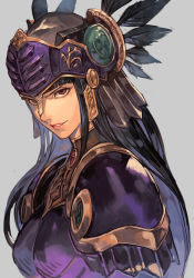 Rule 34 | 1girl, armor, black hair, breastplate, evil smile, feathers, from side, helmet, hrist valkyrie, hungry clicker, lips, long hair, red eyes, smile, solo, upper body, valkyrie profile (series)