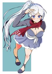 Rule 34 | 1girl, absurdres, arm up, bad leg, bakuma, blue dress, blue eyes, breasts, cleavage, dangle earrings, dress, earrings, from above, full body, highres, jewelry, long hair, long sleeves, looking at viewer, medium breasts, no scar, ponytail, red scarf, rwby, scarf, shoes, solo, very long hair, weiss schnee, white hair