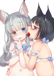 Rule 34 | 2girls, animal ears, bad id, bad pixiv id, bikini, black hair, blue eyes, blush, bow, breasts, brown eyes, dancho (dancyo), fang, licking finger, food, fox ears, fruit, glasses, heterochromia, licking, long hair, looking at viewer, mouth hold, multiple girls, navel, open mouth, original, red-framed eyewear, semi-rimless eyewear, silver hair, simple background, small breasts, strap slip, strawberry, swimsuit, tongue, tongue out, under-rim eyewear, underwear, underwear only, white background, wrist cuffs