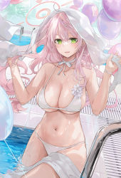 Rule 34 | 1girl, ahoge, bad id, bad twitter id, balloon, bare arms, bare shoulders, bikini, blue archive, blush, breasts, cleavage, cowboy shot, dema hmw, drain (object), green eyes, halo, halterneck, hanako (blue archive), hands up, highres, holding, holding towel, lane line, large breasts, long hair, navel, neck ribbon, parted lips, pink hair, pool, pool ladder, ribbon, smile, solo, stomach, string bikini, swimsuit, towel, towel on head, towel on legs, wading, water, wet, white bikini, white ribbon, white towel, wristband