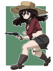 Rule 34 | 1girl, aiming, belle (girls und panzer), black footwear, black hair, black skirt, boots, brown eyes, brown hat, commentary request, cowboy boots, front-tie top, frown, girls und panzer, gloves, green background, grey gloves, gun, handgun, hat, holding, holding gun, holding weapon, long hair, long sleeves, looking to the side, midriff, miniskirt, navel, outline, outside border, parted lips, partial commentary, purple shirt, revolver, shirt, skirt, solo, spurs, standing, straw hat, takahashi kurage, thigh strap, weapon, white outline