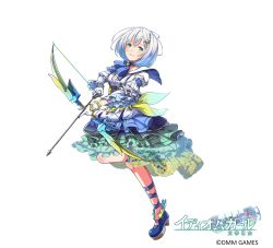 Rule 34 | 1girl, absurdres, aqua eyes, arm belt, arrow (projectile), blue footwear, bow (weapon), company name, copyright name, dmm, dress, frills, full body, hair ornament, hairclip, highres, idiom girl, looking at viewer, mataichi mataro, official art, short hair, simple background, solo, standing, standing on one leg, star (symbol), star hair ornament, watermark, weapon, white background, white dress, white hair