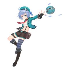 Rule 34 | 1girl, absurdres, bag, belt, blue eyes, blue hair, boots, detached sleeves, fingerless gloves, flat chest, full body, gloves, hat, highres, jacket, knee boots, looking at viewer, matching hair/eyes, midriff, necktie, shaonyu cofee gun, shorts, solo, striped clothes, striped legwear, striped thighhighs, thighhighs
