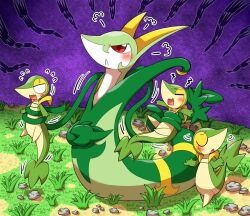 Rule 34 | blush, closed eyes, creatures (company), crossed arms, evil anaunara, game freak, gen 5 pokemon, grass, nintendo, open mouth, plant, pokemon, pokemon (creature), red eyes, rock, serperior, snake, snivy, standing, vines, wavy mouth