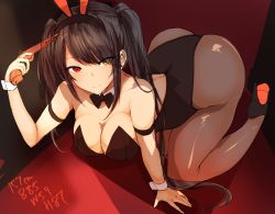 Rule 34 | 1girl, agetama, all fours, animal ears, bare shoulders, black hair, black leotard, breasts, cleavage, closed mouth, date a live, gun, hairband, heterochromia, highres, large breasts, leotard, long hair, looking at viewer, pantyhose, playboy bunny, rabbit ears, red eyes, smile, solo, tokisaki kurumi, twintails, weapon, wrist cuffs, yellow eyes