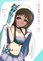 Rule 34 | 1girl, absurdres, bang dream!, bikini, black bow, blue background, blush, bow, breasts, brown eyes, brown hair, closed mouth, commentary request, flying sweatdrops, ghost costume, grey bikini, hands up, hazawa tsugumi, highres, navel, nose blush, polka dot, polka dot bow, small breasts, solo, sweat, swimsuit, translation request, two-tone background, white background, yuya090602