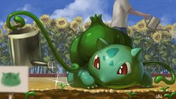 Rule 34 | bulbasaur, character print, closed mouth, cloud, commentary request, creatures (company), day, flower, game freak, gen 1 pokemon, highres, nintendo, outdoors, plant, pokemon, pokemon (creature), red eyes, shirt, short sleeves, sky, soil, spareribs, sparkle, sprout, sunflower, vines, water, watering can, white shirt