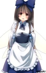 Rule 34 | 1girl, apron, black hair, blue bow, blue dress, blue ribbon, blush, bow, brown eyes, cowboy shot, dress, fairy wings, hair bow, head tilt, holding, holding pot, long hair, long sleeves, looking at viewer, maid apron, mittens, neck ribbon, parted lips, pokio, pot, ribbon, sidelocks, smile, solo, star sapphire, steam, steaming, touhou, twitter username, very long hair, white background, wide sleeves, wings