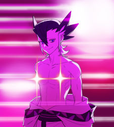 Rule 34 | 1boy, black hair, censored, censored nipples, closed mouth, collarbone, commentary request, creatures (company), game freak, grey hair, grimsley (pokemon), hair between eyes, kill la kill, korean commentary, light censor, looking at viewer, male focus, mongguri, navel, nintendo, nipples, parody, pokemon, pokemon sm, raised eyebrows, sash, smile, solo, spiked hair, toned, undressing