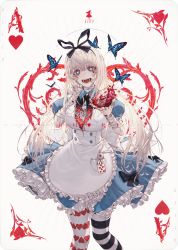 Rule 34 | 1girl, absurdres, ace (playing card), ace of hearts, alice (alice in wonderland), alice in wonderland, apron, asymmetrical legwear, bandaged arm, bandages, bandaid, bandaid on arm, bandaid on face, blonde hair, blood, blue butterfly, blue dress, blue eyes, blush, bow, breasts, bug, butterfly, card, character name, commentary, dress, english commentary, facial mark, frilled apron, frilled dress, frills, hair between eyes, hair ribbon, hand on own face, head tilt, heart, heart-shaped pupils, heart (organ), heart facial mark, heart print, highres, holding, insect, large breasts, long hair, looking at viewer, mismatched legwear, open mouth, original, pantyhose, photoshop (medium), playing card, playing card theme, print pantyhose, puffy short sleeves, puffy sleeves, ribbon, short sleeves, simple background, solo, standing, striped clothes, striped pantyhose, stuffed animal, stuffed rabbit, stuffed toy, symbol-shaped pupils, teeth, underbust, very long hair, wanke, white apron
