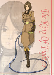 Rule 34 | 1girl, belt, boots, brown eyes, brown hair, buttons, choker, copyright name, gloves, highres, jacket, knee boots, military, military uniform, naname neko, short hair, snk, solo, the king of fighters, uniform, whip, whip (kof), zoom layer