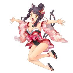 Rule 34 | animal ears, bead anklet, black hair, breasts, cat ears, cat girl, cat tail, cleavage, detached sleeves, hair bun, large breasts, long hair, multiple tails, nekomata (youkai hyakki-tan!), official art, open hands, open mouth, outstretched arms, sandals, shell hair ornament, shoe dangle, single hair bun, solo, spread arms, tail, teeth, thick eyebrows, transparent background, upper teeth only, wide sleeves, yellow eyes, youkai hyakki-tan!