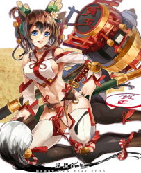 Rule 34 | 1girl, bad id, bad pixiv id, bamboo, bare shoulders, bell, blue eyes, breasts, brown hair, calligraphy brush, choker, hammer, happy new year, himuro shunsuke, kadomatsu, looking at viewer, md5 mismatch, new year, original, paintbrush, resolution mismatch, ribbon, short hair, sideboob, smile, solo, stamp, sword, thighhighs, weapon, white thighhighs