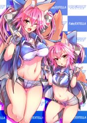 Rule 34 | 10s, 2girls, adapted costume, aged down, animal ear fluff, animal ears, blue ribbon, boots, breasts, cleavage, clothes writing, elbow gloves, fate/extella, fate/extra, fate/grand order, fate (series), fox ears, fox shadow puppet, fox tail, gloves, groin, hair ribbon, heart, highleg, highres, large breasts, multiple girls, navel, official alternate costume, one eye closed, open mouth, pink hair, race queen, ribbon, small breasts, sofmap background, step and repeat, tail, tamamo (fate), tamamo no mae (fate/extra), tamamo no mae (type-moon racing) (fate), thigh boots, thighhighs, time paradox, wisespeak, yellow eyes