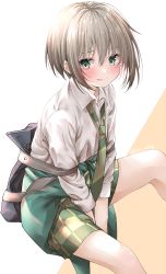 Rule 34 | 1girl, absurdres, aoba moca, arms between legs, bang dream!, blush, closed mouth, collared shirt, commentary request, green eyes, green necktie, green shorts, highres, kawai ritsu (rits meg), long sleeves, looking at viewer, necktie, shirt, short hair, shorts, silver hair, simple background, sitting, smile, solo, tongue, tongue out, twitter username, white shirt, wing collar