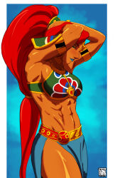 Rule 34 | 1girl, armlet, arms up, blue lips, breasts, dark-skinned female, dark skin, gerudo, green eyes, highres, jewelry, lipstick, looking at viewer, makeup, muscular, muscular female, naavs, navel, nintendo, pointy ears, red hair, side slit, smile, solo, swept bangs, the legend of zelda, the legend of zelda: breath of the wild, urbosa