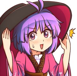 Rule 34 | 1girl, :d, ^^^, antenna hair, black hat, blush, bowl, bowl hat, brown sash, commentary, eyelashes, hand on headwear, hands up, hat, japanese clothes, kimono, long sleeves, looking at viewer, obi, open mouth, purple hair, red eyes, red kimono, sash, simple background, smile, solo, sukuna shinmyoumaru, sweat, touhou, upper body, v-shaped eyebrows, white background, wide sleeves, wool (miwol)