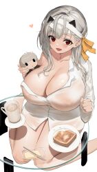 Rule 34 | 1girl, absurdres, blush, bread slice, breasts, butter, cleavage, coffee, coffee mug, collarbone, cup, food, glass table, goddess of victory: nikke, grey hair, highres, huge breasts, long hair, long sleeves, looking at viewer, modernia (first affection) (nikke), modernia (nikke), mug, open mouth, pyz (cath x tech), red eyes, sitting, smile, solo, stuffed toy, table, thighs, toast, wariza