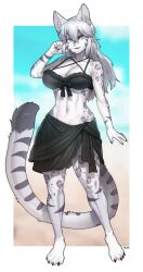 Rule 34 | 1girl, absurdres, black bra, blue eyes, border, bra, breasts, cleavage, full body, furry, furry female, highres, large breasts, long hair, looking at viewer, navel, open mouth, original, pgm300, snow leopard girl, snow leopard tail, solo, standing, underwear, white border, white hair