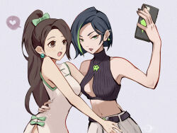 Rule 34 | 2girls, alternate costume, animification, belt, black belt, black hair, black nails, blush, bow, breasts, brown eyes, china dress, chinese clothes, cleavage cutout, clothing cutout, crop top, cropped sweater, dress, earrings, green bow, green hair, grey skirt, hair behind ear, hair bow, hand on another&#039;s waist, heart, highres, holding, holding phone, jewelry, long hair, looking ahead, looking at viewer, medium breasts, midriff, multicolored hair, multiple girls, navel, open mouth, phone, ponytail, purple background, purple lips, rei1028, sage (valorant), short hair, sideboob, skirt, sleeveless, sleeveless sweater, smile, speech bubble, spoken heart, streaked hair, sweater, valorant, very long hair, viper (valorant), white dress, yuri