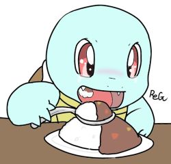 Rule 34 | animal, creatures (company), curry, eating, fangs, food, game freak, gen 1 pokemon, guunya, nintendo, open mouth, plate, pokemon, pokemon (creature), red eyes, rice, smile, spoon, squirtle, turtle, white background