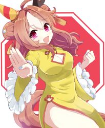 Rule 34 | 1girl, ahoge, alternate costume, animal ears, breasts, brown hair, china dress, chinese clothes, cleavage, cleavage cutout, clenched hand, clothing cutout, commentary request, copano rickey (umamusume), double bun, dress, fang, feet out of frame, hair bun, hair intakes, highres, horse ears, horse girl, horse tail, long hair, long sleeves, medium breasts, multicolored hair, open mouth, outstretched arm, reaching, reaching towards viewer, red eyes, sangria (sangria69), side slit, smile, solo, tail, two-tone hair, umamusume, yellow dress