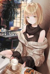 Rule 34 | 1girl, against wall, aoki yuriko, aran sweater, bad id, bad pixiv id, bakuman, blonde hair, bob cut, cable knit, chair, cleavage cutout, clothing cutout, cup, detached sleeves, dress, drinking glass, food, heart cutout, highres, indoors, layered clothes, light smile, long sleeves, looking at viewer, meme attire, milk, mole, mole under eye, nabi (uz02), off shoulder, open-chest sweater, paper, paperclip, ribbed sweater, saucer, sitting, sleeveless, sleeveless sweater, sleeves past wrists, solo, sweater, sweater dress, table, turtleneck, turtleneck sweater, yellow eyes
