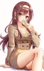 1girl absurdres blush breasts brown_hair chocolate collarbone covering_own_mouth cropped_jacket dars dot_nose earrings food-themed_earrings hair_between_eyes hairband highres holding idolmaster idolmaster_shiny_colors jewelry knees_up long_hair long_sleeves looking_at_viewer masuku_(saint_mask) medium_breasts osaki_amana short_shorts shorts simple_background sitting solo thighs white_chocolate