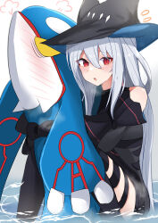 Rule 34 | 1girl, :o, absurdres, akabeko123, arknights, bare shoulders, black dress, black hat, black thighhighs, blue hat, blush, breath, commentary request, creatures (company), dress, eyes visible through hair, feet out of frame, flying sweatdrops, game freak, gen 3 pokemon, grey hair, hair between eyes, hat, highres, hug, knees up, kyogre, legendary pokemon, long hair, long sleeves, looking at viewer, nintendo, open mouth, pokemon, pokemon (creature), puff of air, red eyes, sitting, skadi (arknights), sketch, solo, thighhighs, two-sided fabric, two-sided headwear