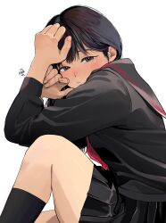 Rule 34 | 1girl, absurdres, artist name, black eyes, black hair, black sailor collar, black shirt, black skirt, black socks, blush, commentary, from side, frown, half-closed eyes, hand up, highres, knee to chest, long hair, long sleeves, looking at viewer, mmmo3, neckerchief, original, playing with own hair, pleated skirt, red neckerchief, sailor collar, school uniform, serafuku, shirt, simple background, sitting, skirt, socks, solo, thighs, white background