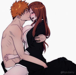 Rule 34 | 1boy, 1girl, bleach, blush, breast press, breasts, brown hair, couple, closed eyes, happy, hetero, highres, inoue orihime, jewelry, kurosaki ichigo, large breasts, lips, long hair, open mouth, orange hair, ornate ring, parted lips, ring, rozuberry, short hair, simple background, sitting, sitting on lap, sitting on person, topless male, twitter username, wedding ring, white background
