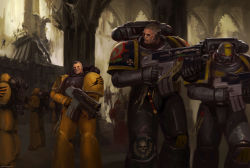Rule 34 | 6+boys, :d, absurdres, adeptus astartes, adeptus mechanicus, armor, armored boots, black eyes, black hair, bolter, boots, buzz cut, cloak, closed mouth, cyborg, evil grin, evil smile, full armor, full body, ginjima, grin, gun, helmet, highres, holding, holding gun, holding polearm, holding weapon, indoors, looking at another, military, mohawk, multiple boys, no headwear, open mouth, pauldrons, polearm, power armor, red cloak, scar, scar on face, short hair, shoulder armor, skull ornament, smile, space marine, spear, standing, teeth, trigger discipline, very short hair, warhammer 40k, weapon