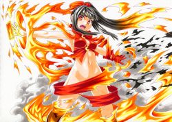 Rule 34 | 10s, 1girl, black hair, breasts, cleavage, fire, kawachi koorogi, kurebayashi yuzuki, long hair, looking at viewer, navel, open mouth, outstretched arms, ponytail, red eyes, selector wixoss, solo, spread arms, wixoss, yuzuki (wixoss)
