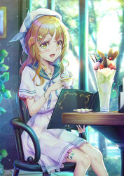 Rule 34 | 1boy, androgynous, blonde hair, bracelet, cup, dress, food, frilled sleeves, frills, hair ornament, hairclip, hat, highres, ice cream, indoors, jewelry, leg tattoo, looking at viewer, natsusora wakana, novady, open mouth, original, ribbon, ring, smile, solo, tattoo, teacup, trap, tree, window, yellow eyes