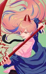 Rule 34 | + +, 1girl, black necktie, black pants, blood, blue jacket, breasts, chainsaw man, collared shirt, commentary, cowboy shot, cross-shaped pupils, demon horns, dress shirt, floating hair, gradient background, green background, hair between eyes, hemokinesis, highres, holding, holding weapon, horns, jacket, kamo ashi, long hair, medium breasts, necktie, off shoulder, open clothes, open jacket, open mouth, pants, pink hair, pink shirt, power (chainsaw man), red eyes, scythe, sharp teeth, shirt, simple background, solo, symbol-shaped pupils, teeth, v-shaped eyebrows, weapon, wing collar