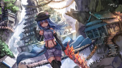 Rule 34 | 1girl, alternate costume, black gloves, blue hair, bridge, building, city, elbow gloves, food, fruit, gloves, hanging bridge, hat, highres, hinanawi tenshi, looking at viewer, midriff, myero, navel, overskirt, peach, red eyes, shirt, shorts, signature, solo, stairs, suspenders, sword of hisou, thighhighs, touhou, wind