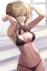 Rule 34 | 1girl, ahoge, armpits, artoria pendragon (all), artoria pendragon (fate), bare shoulders, bikini, black bikini, blonde hair, breasts, collarbone, cowboy shot, day, fate/stay night, fate (series), goomrrat, groin, hair ribbon, hands up, highres, indoors, looking at viewer, medium breasts, navel, parted lips, ribbon, saber alter, sidelocks, solo, stomach, swimsuit, toned, wet, yellow eyes