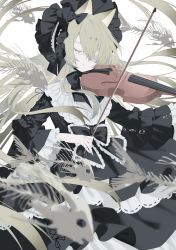 Rule 34 | 1girl, absurdres, animal ear fluff, animal ears, black bow, black dress, bow, brown hair, closed eyes, closed mouth, commentary request, dress, eyepatch, fish skeleton, floating hair, frilled dress, frills, hair bow, highres, holding, holding instrument, holding violin, instrument, kotarou (kot mochi), long hair, long sleeves, medical eyepatch, music, original, playing instrument, smile, solo, very long hair, violin, wide sleeves