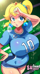 Rule 34 | 1girl, arm up, ass, blonde hair, blue eyes, blue shirt, breasts, covered navel, crown, earrings, field, grass, gym shorts, hand on own hip, highres, huge breasts, jewelry, large breasts, lips, looking at viewer, mario (series), mario strikers: battle league, nintendo, open mouth, parted lips, ponytail, princess peach, sasa tseng, shirt, short shorts, shorts, sphere earrings, sportswear, steam, sweat, t-shirt, wiping forehead, wiping sweat