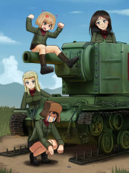 Rule 34 | 4girls, :o, absurdres, anger vein, angry, black footwear, black skirt, black socks, blue sky, brown headwear, chance8000, chinese commentary, clara (girls und panzer), closed eyes, closed mouth, cloud, cloudy sky, commentary, day, fang, frown, fur hat, girls und panzer, grass, green jacket, hat, highres, jacket, katyusha (girls und panzer), kv-2, loafers, long hair, long sleeves, looking at another, military, military vehicle, miniskirt, motor vehicle, multiple girls, nina (girls und panzer), nonna (girls und panzer), open mouth, outdoors, pleated skirt, pravda school uniform, raised fists, red shirt, school uniform, shadow, shirt, shoes, short hair, sitting, skirt, sky, smile, socks, squatting, standing, t t, tank, turtleneck, ushanka