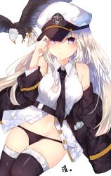 Rule 34 | 1girl, animal, artist name, asada sadao, azur lane, bad id, bad twitter id, bald eagle, bare shoulders, belt, bird, black belt, black coat, black necktie, black panties, black thighhighs, blush, breasts, buttons, closed mouth, coat, collared shirt, commentary request, contrapposto, cowboy shot, eagle, enterprise (azur lane), expressionless, groin, hair between eyes, hand on headwear, hand up, hat, highres, long hair, long sleeves, looking at viewer, medium breasts, military hat, navel, necktie, no pants, off shoulder, open clothes, open coat, panties, partially unbuttoned, peaked cap, purple eyes, shirt, sidelocks, silver hair, simple background, sleeveless, sleeveless shirt, solo, thighhighs, underwear, white background, white shirt