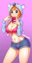 Rule 34 | 1girl, bikini, bikini top only, blue eyes, breasts, cleavage, curvy, denim, denim shorts, highres, holding, hood, hoodie, koala (one piece), large breasts, navel, one piece, orange hair, phone, shorts, smile, stomach, swimsuit, thick thighs, thighs, wide hips